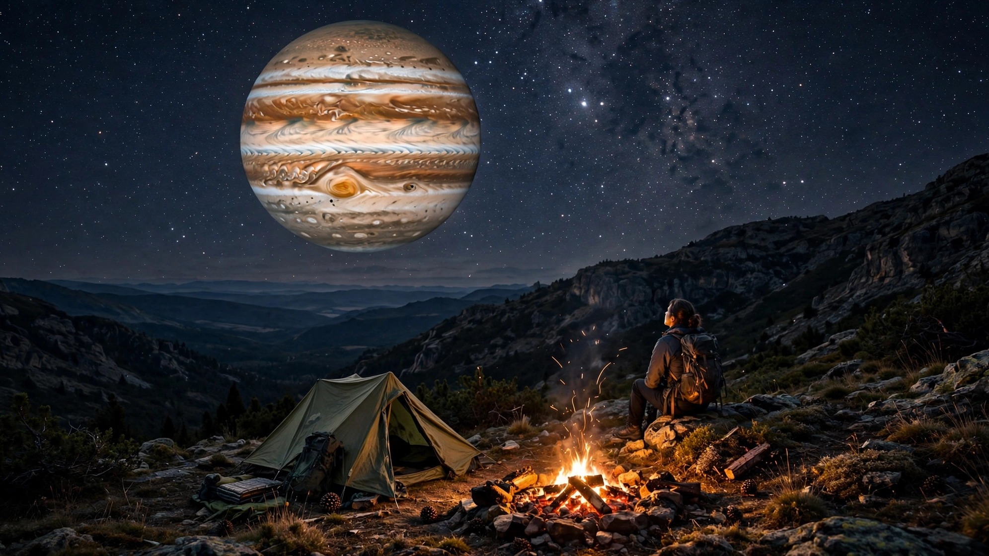 Jupiter planet glowing over a night landscape, symbolising growth and abundance