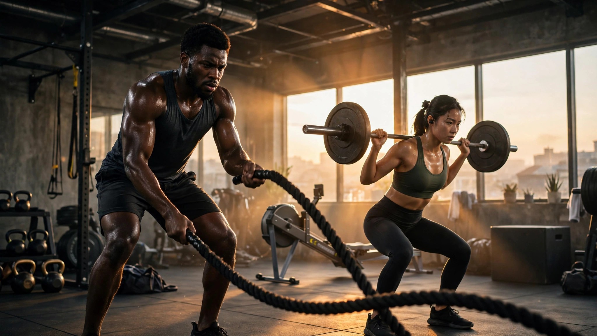 Athletes training hard at dawn, showing Mars energy, drive and physical stamina