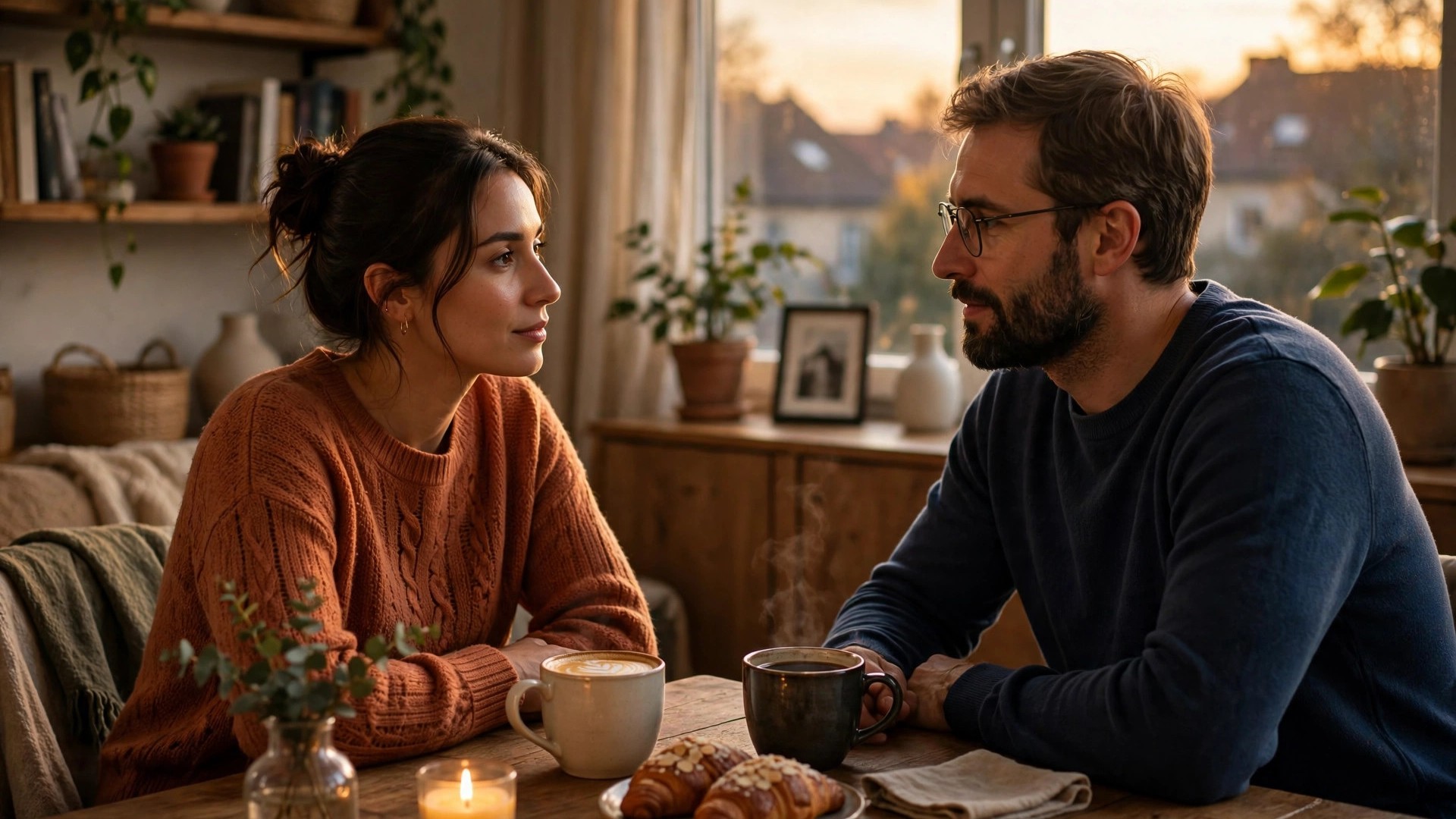 A couple talking calmly over coffee, working through a disagreement with patience