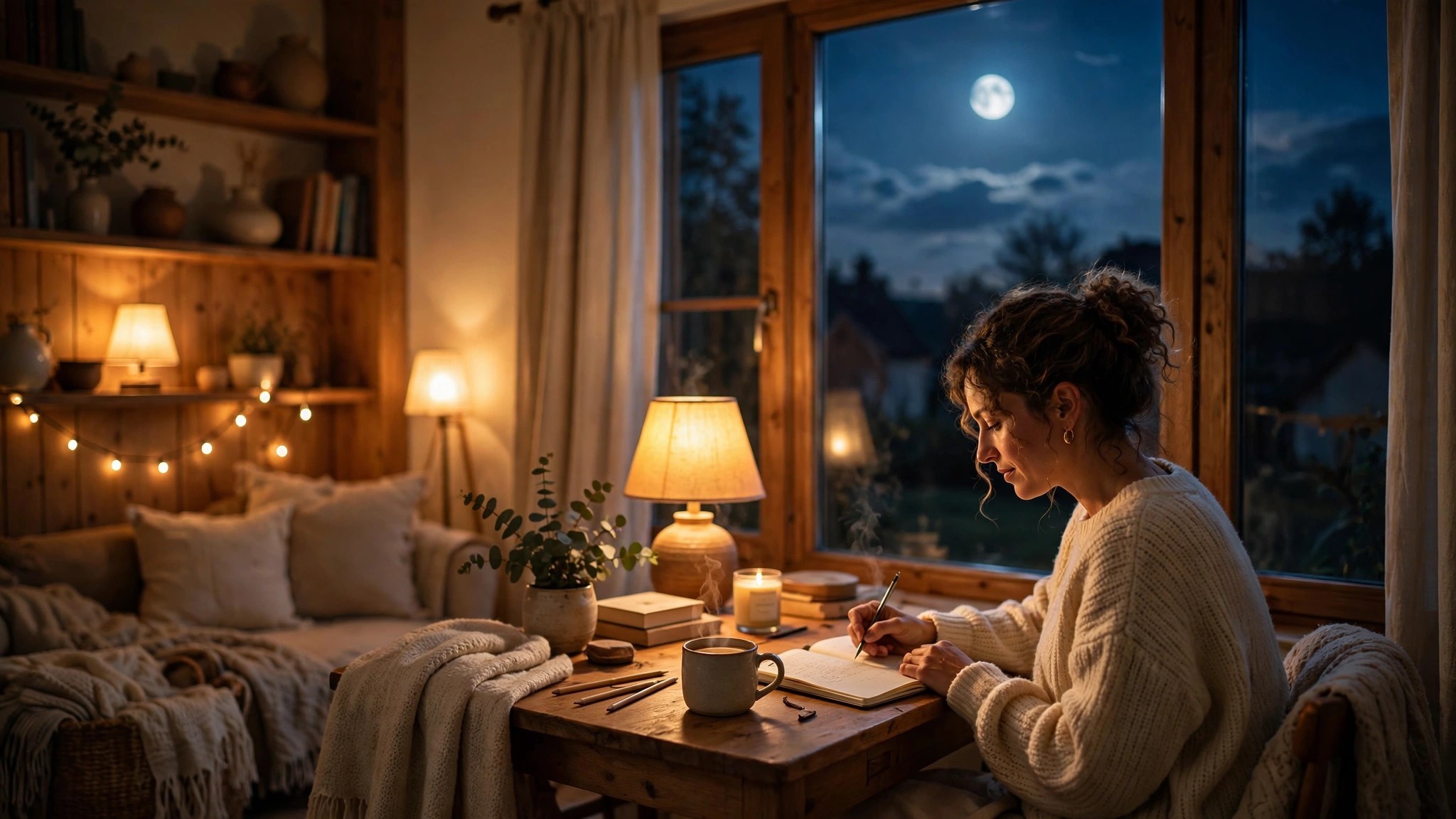A cozy home at night with warm lamps, a person journaling by a moonlit window