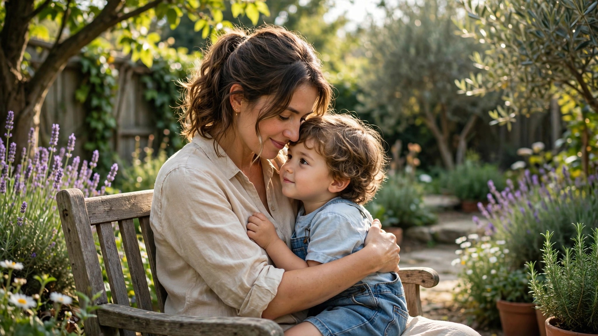 A mother and child sharing a quiet tender moment in a sunlit garden