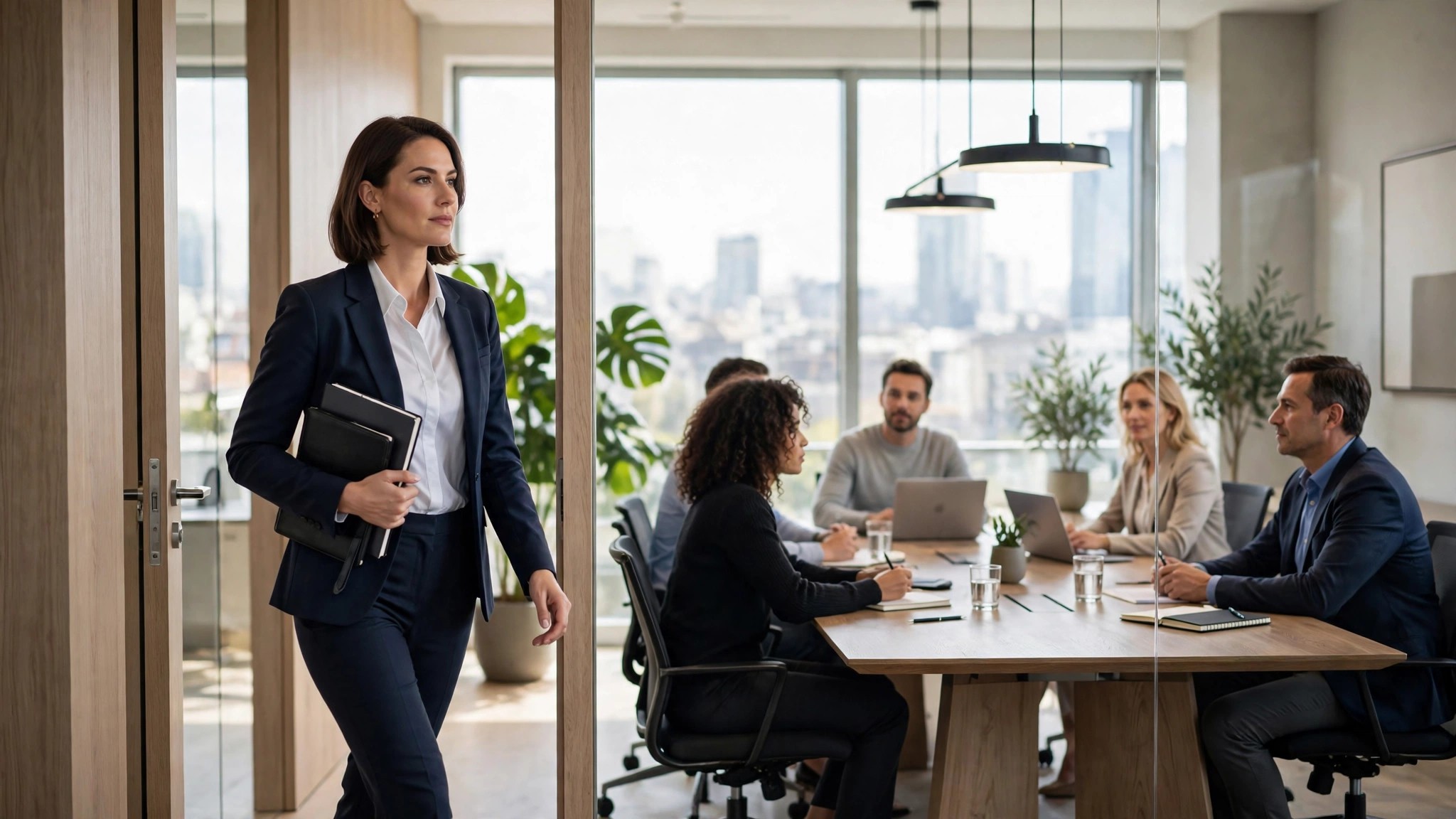 A professional walking confidently into a bright modern office, making a strong first impression