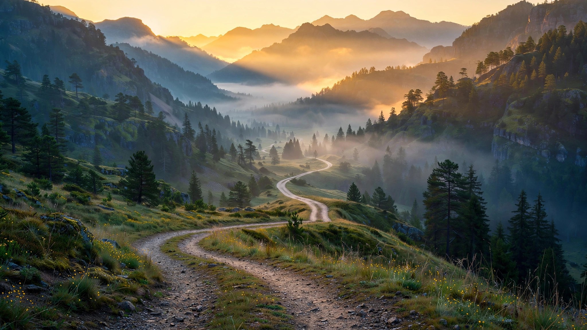 Sunrise over a mountain valley with a winding path, a symbol of new beginnings