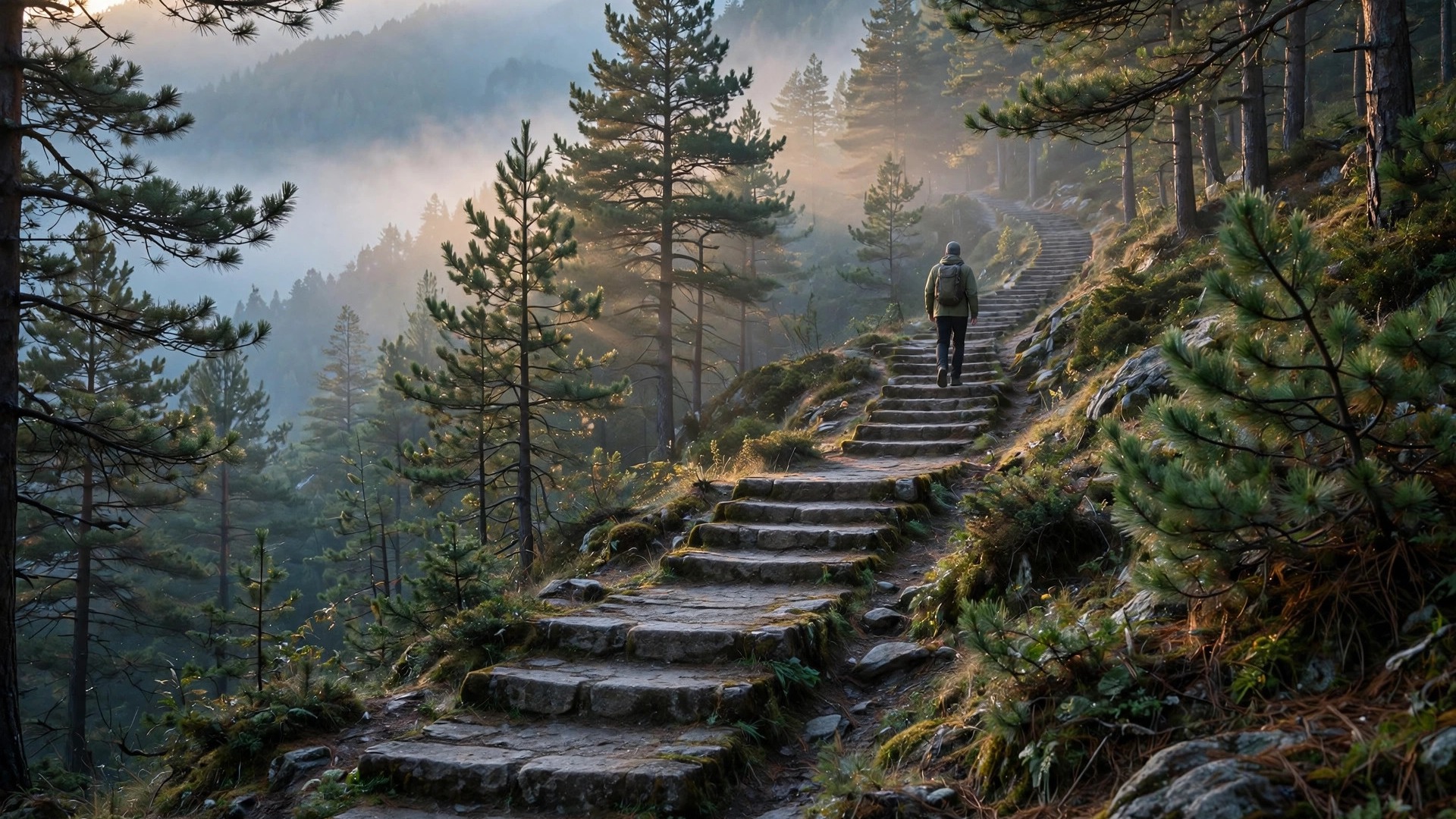 A steady mountain path at dawn, symbolising Saturn's discipline and patience