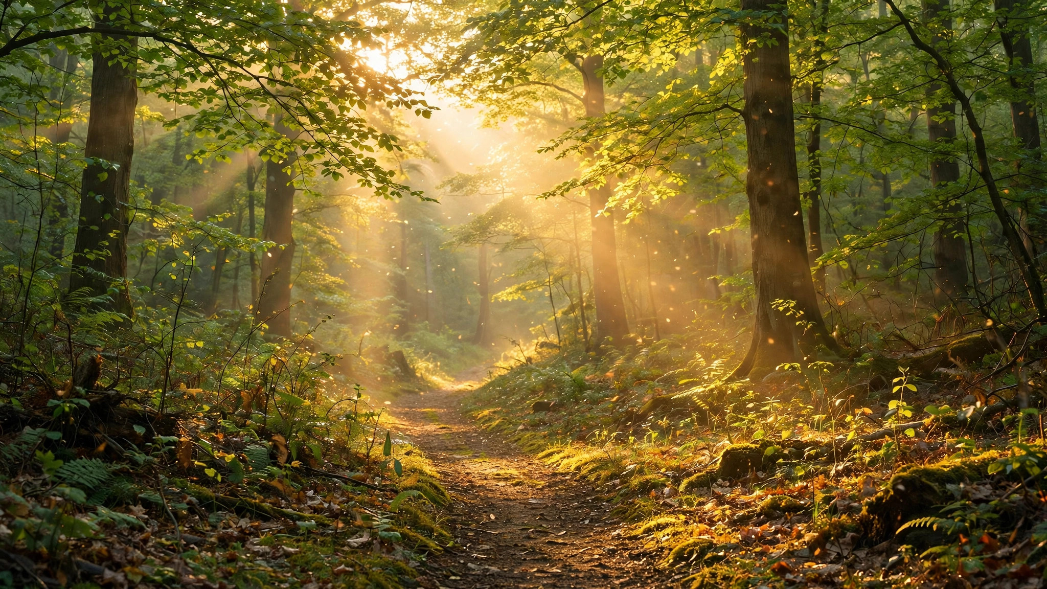 Warm sunlight through trees on a quiet morning path, symbolising purpose and vitality